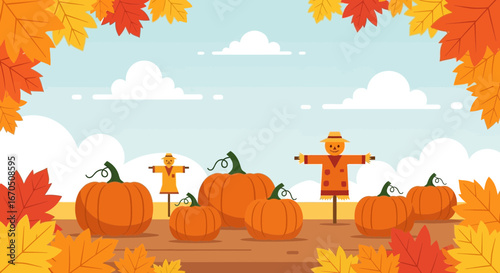 Cheerful Autumn Scene with Pumpkins Scarecrows and Falling Leaves Illustration