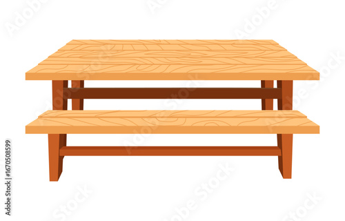Wooden picnic table with attached benches front view in natural brown color with simple construction and visible grain texture for outdoor use