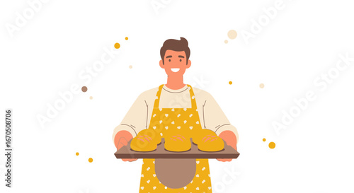 Cheerful Baker Presenting Freshly Baked Bread on Tray in Minimalist Style