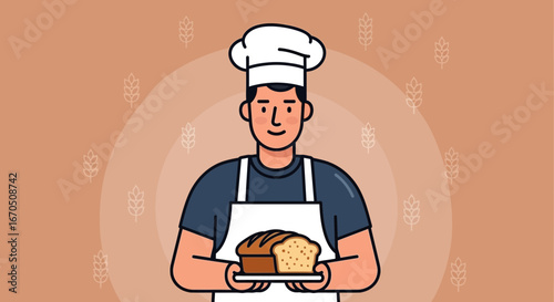 Cheerful Baker Presenting Freshly Baked Loaf Of Bread And Sliced Portion