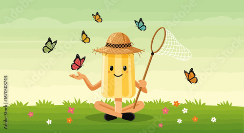 Delightful Ice Cream Character Captures Butterflies In Charming Meadow Scene