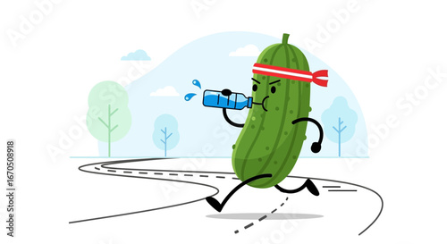 Determined Pickle Running a Marathon and Drinking Water Illustration
