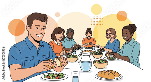 Diverse Friends Enjoying Salad and Bread at a Dinner Party Together