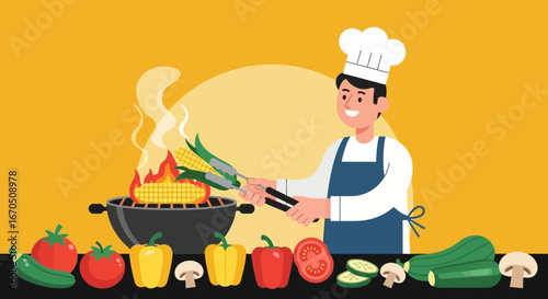 Cheerful Chef Grilling Fresh Vegetables On Barbecue For Healthy Outdoor Meal