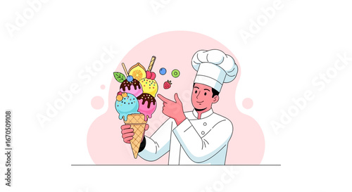 Cheerful Confectioner Presenting a Towering Ice Cream Creation for Dessert Lovers