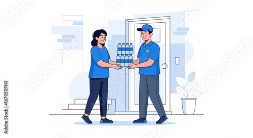 Efficient Water Delivery Service Between Courier And Client At Doorstep Illustration