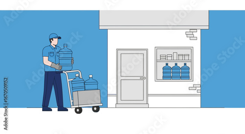 Efficient Water Delivery Man Delivering Water Bottles with Handcart to the Store