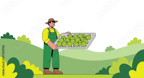 Cheerful Farmer Carrying Freshly Harvested Gooseberries On Green Landscape