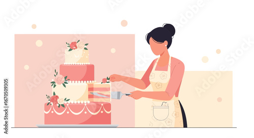 Elegant Baker Divides Tiered Cake Illustration for Celebration Event Preparation