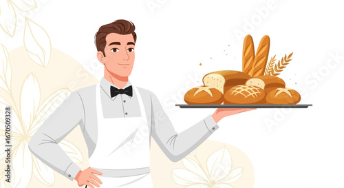Elegant Baker Presenting Freshly Baked Bread Assortment On Tray