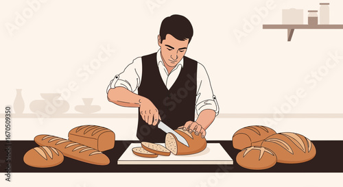 Elegant Baker Slicing Bread Loaf in Bakery Illustration Scene Kitchen Preparation
