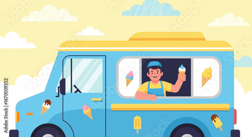 Cheerful Ice Cream Man Offers Refreshments From His Vintage Blue Truck