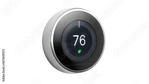 Smart Thermostat Displaying 76 Degrees Fahrenheit with Green Leaf Icon