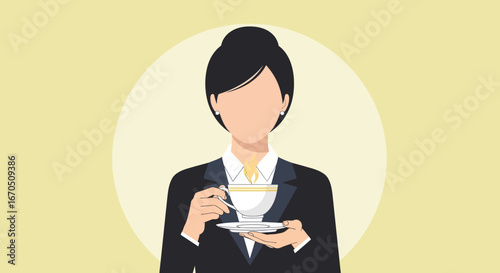 Elegant Businesswoman Enjoying a Quiet Moment with a Cup of Tea Graphic