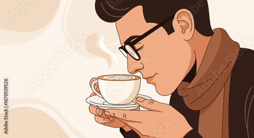 Elegant Man Savoring The Aroma Of Freshly Brewed Cappuccino In A Cafe