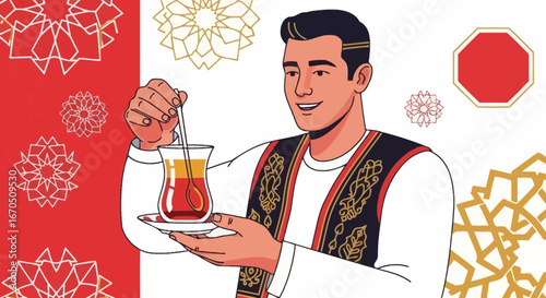 Elegant Man Enjoying Turkish Tea with Traditional Ornament Background Illustration