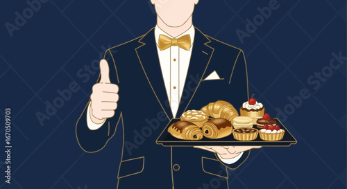 Elegant Waiter Presenting Fresh Bakery Assortment With Thumbs Up Gesture
