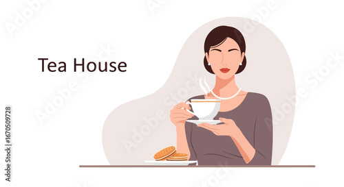 Elegant Woman Enjoying Afternoon Tea With Biscuits At Table In Cafe