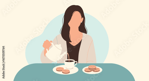 Elegant Woman Enjoying Quiet Time Having Tea and Biscuits Indoors