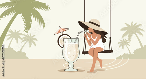 Elegant Woman Enjoying Summer Vacation Sipping Cocktail On Swing At Tropical Beach