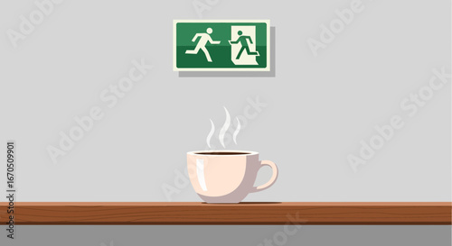 Emergency Exit Sign And Coffee Break Concept For Workplace Safety Awareness