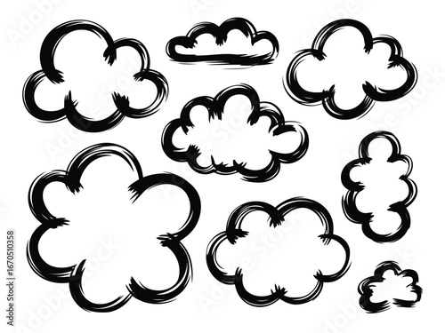A collection of eight distinct black ink style clouds perfect for atmospheric design elements and weather themed graphics