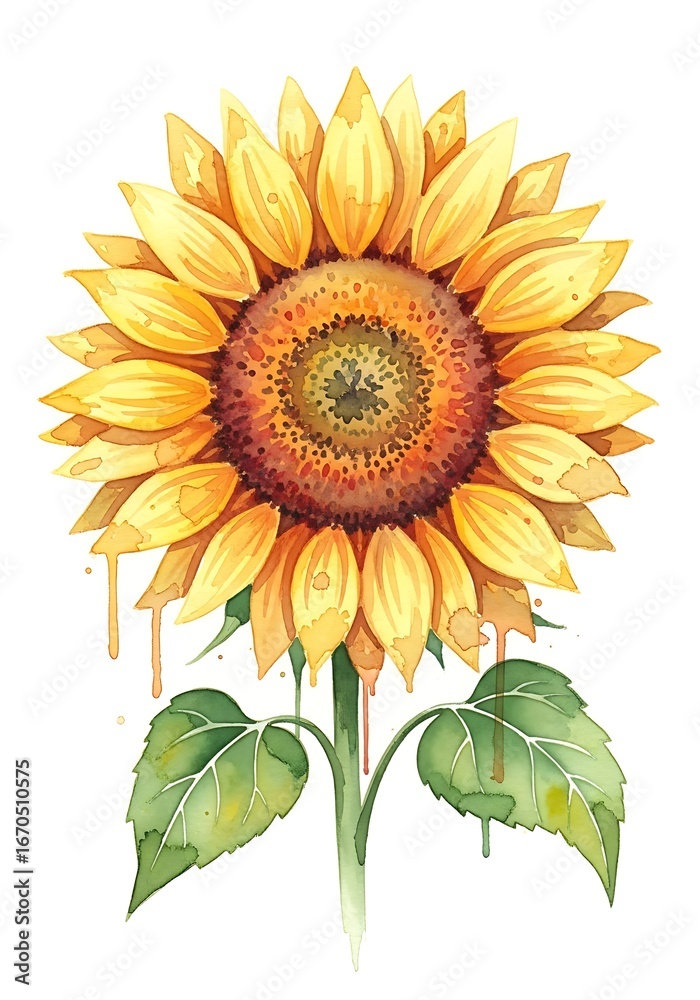 Naklejka premium Watercolor Sunflower with Dripping Petals.