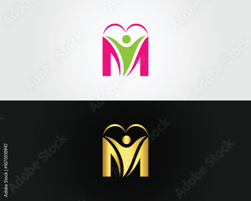 Modern m logo with abstract human and heart shape vector template