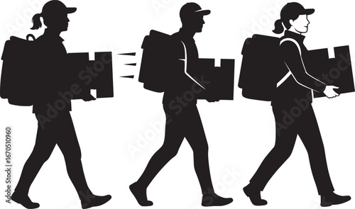 Food delivery couriers with large thermal bags holding packages