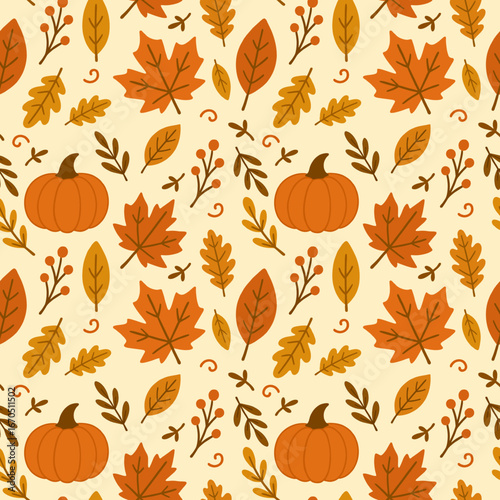 Nice thanksgiving autumn big Rustling Autumn Charm seamless pattern with leaves, pumpkins