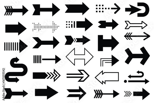 Diverse collection of black arrow icons with various directional and functional designs suitable for web and print applications