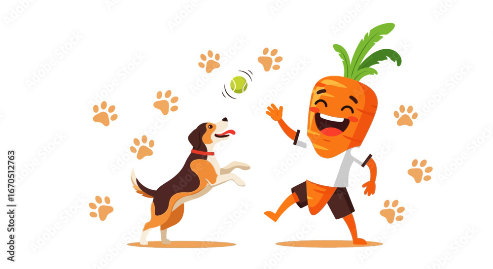 Fototapeta premium Enthusiastic Carrot Character Plays Ball With Playful Dog In Cheerful Cartoon Scene