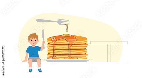 Enjoys Breakfast Boy Ready To Eat Pile Up Sweet Pancakes Syrup