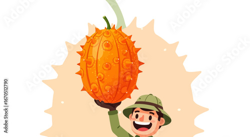 Enthusiastic Cartoon Explorer Holding A Spiky Kiwano Melon Illustration