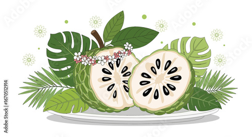 Exotic Custard Apple Slices Surrounded By Lush Tropical Foliage Illustration