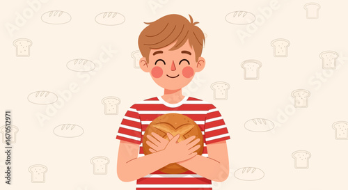 Happy Young Boy With Red Striped Shirt Hugging Fresh Baked Loaf Of Bread
