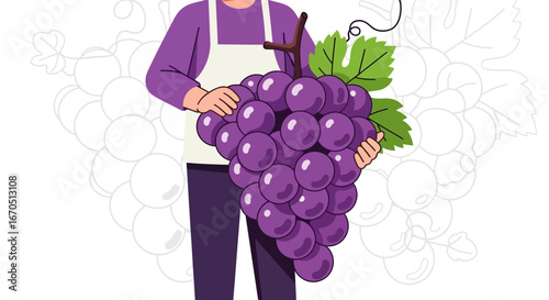 Harvest Season Man Holding a Bunch of Grapes in Hands Vineyardist With Apron