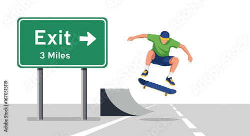 Expressing Freedom Teenage Thrill Seeker Embracing Skateboarding Urban Adventure Near Exit Sign