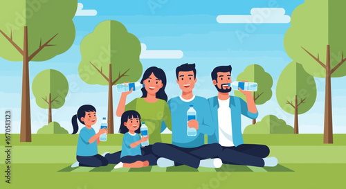 Family Enjoying Refreshments While Relaxing Outdoors In A Lush Green Park