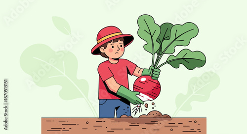 Harvesting Radishes Joyful Child Farmer Pulling Fresh Root Vegetable Illustration