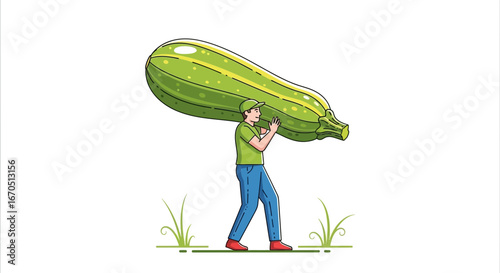 Farmer Carrying A Giant Zucchini Illustration For Healthy Eating Concepts