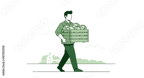 Farmer Carrying Cabbage Crate Delivering Harvested Vegetables From Farm