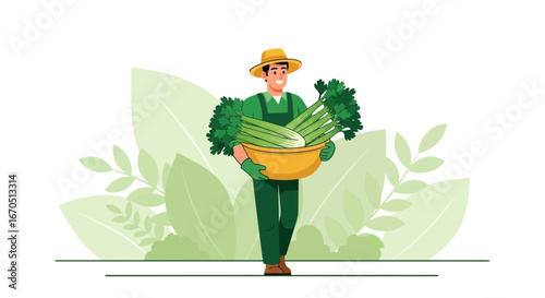 Farmer Proudly Carrying Freshly Harvested Celery In A Bowl From The Field