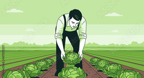 Farmer Inspecting Cabbage In Field Man Checking Quality Of Harvest Produce