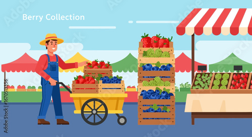 Farmer Selling Fresh Berries At Local Marketplace Colorful Illustration