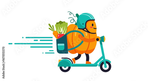 Fast Pumpkin Delivery With Scooter Delivering Fresh Food And Vegetables