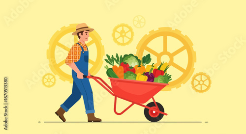 Farmer Transports a Cart Full of Freshly Harvested Vegetables From the Field