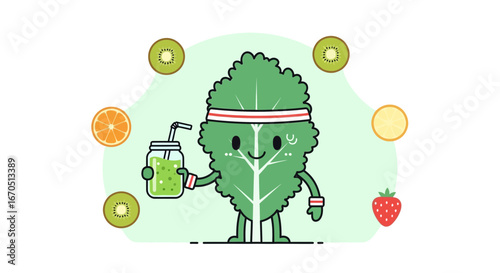 Healthy Lifestyle Represented By A Cartoon Leaf With A Refreshing Smoothie