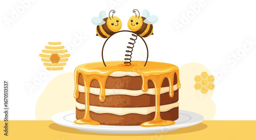 Honey Sweet Celebration Cake Topped With Adorable Bee Decorations Image Vector