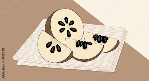 Illustration Of Sliced Black Sapote Fruit On A Napkin With Clean And Modern Design